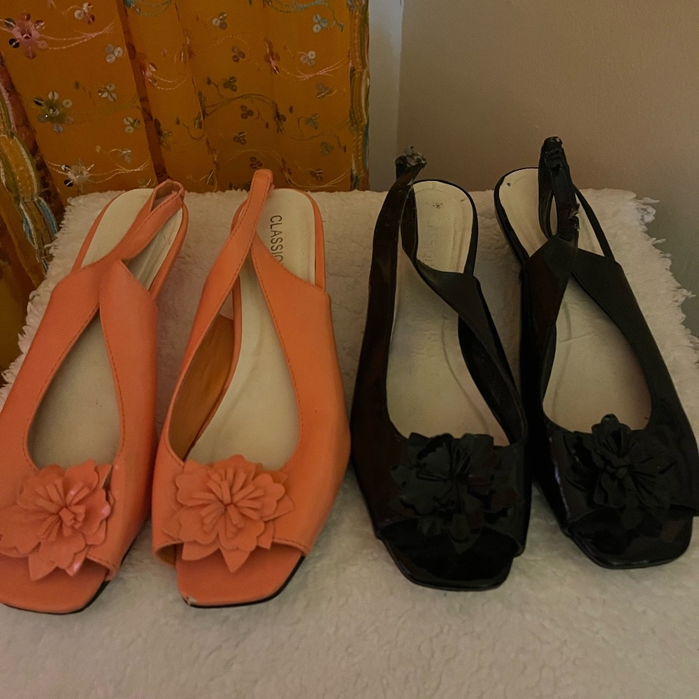 two pairs of open toe wedge sandals